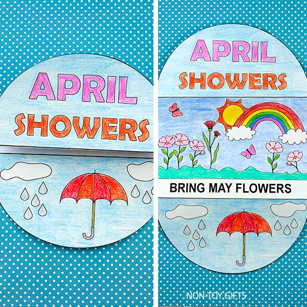 April Showers Bring May Flowers folded craft printable with umbrella rain scene and colorful spring flowers reveal