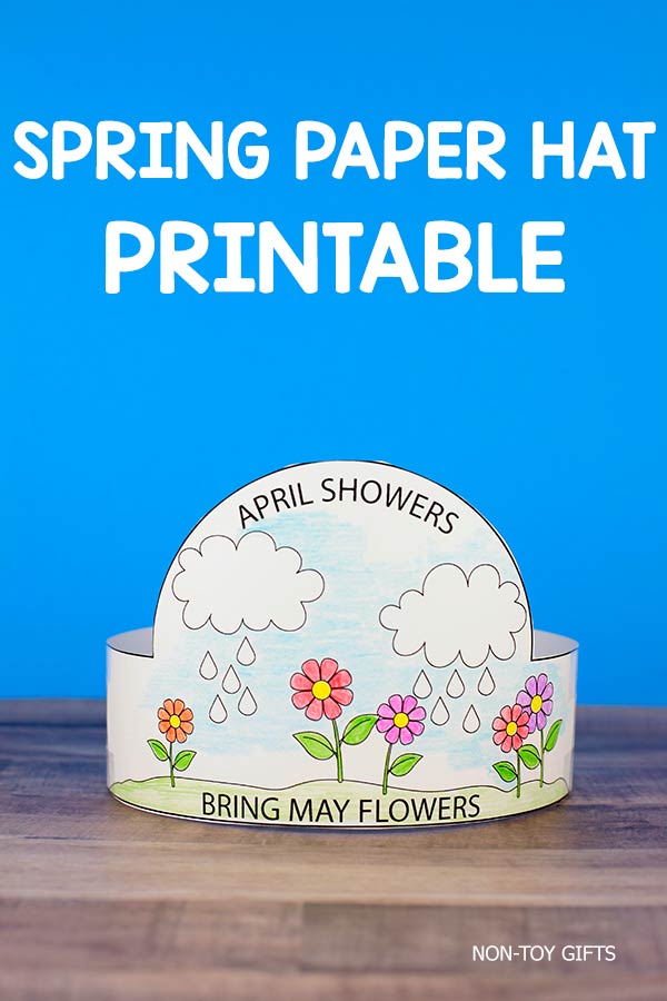 April Showers Bring May Flowers paper hat craft printable for kids spring classroom activity preschool kindergarten fine motor coloring craft