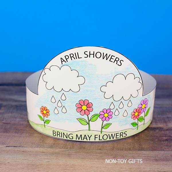 April Showers May Flowers paper hat craft template printable spring activity for kids homeschool classroom fine motor skills practice