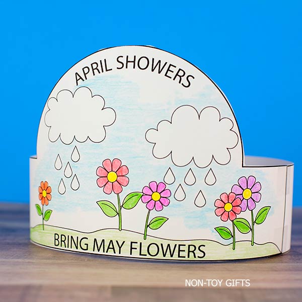 spring headband craft printable with clouds raindrops and flowers easy April craft for preschool kindergarten students coloring cutting activity