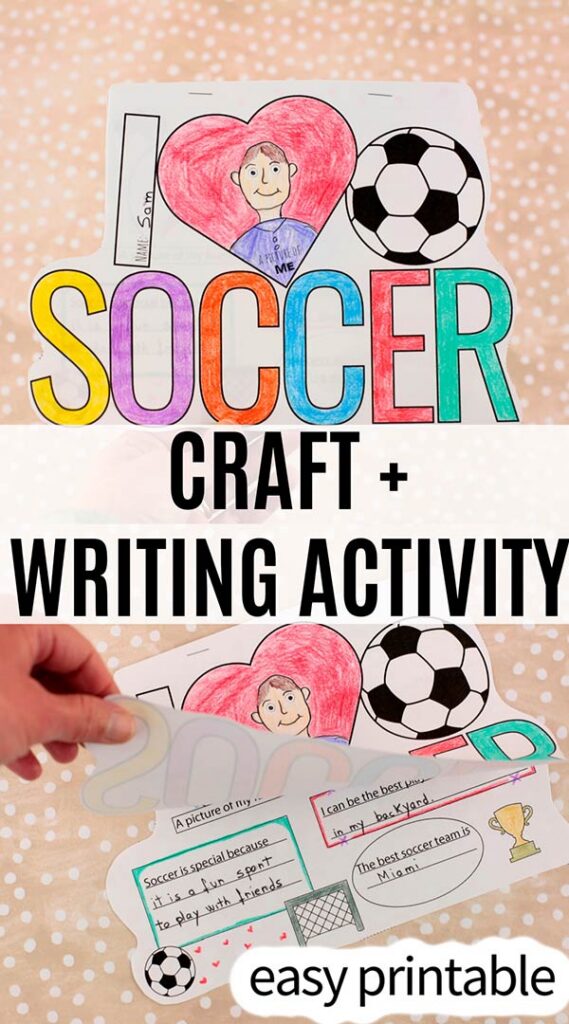 Soccer craft and writing activity printable for kids with coloring and writing prompts, perfect for World Cup themed learning