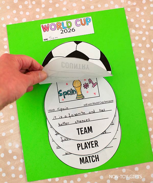 Soccer craft and writing activity printable for classroom, World Cup themed interactive writing craft with country, team, player and match prompts for elementary students