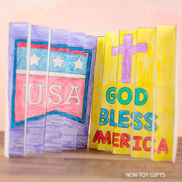 Christian patriotic agamograph activity featuring One Nation Under God and Faith Love Freedom designs for elementary homeschool and Sunday School students.