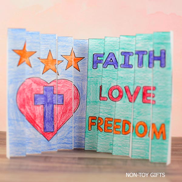 Faith-based 4th of July craft printable for kids including patriotic agamographs, coloring activities, and Christian writing prompts for summer learning.