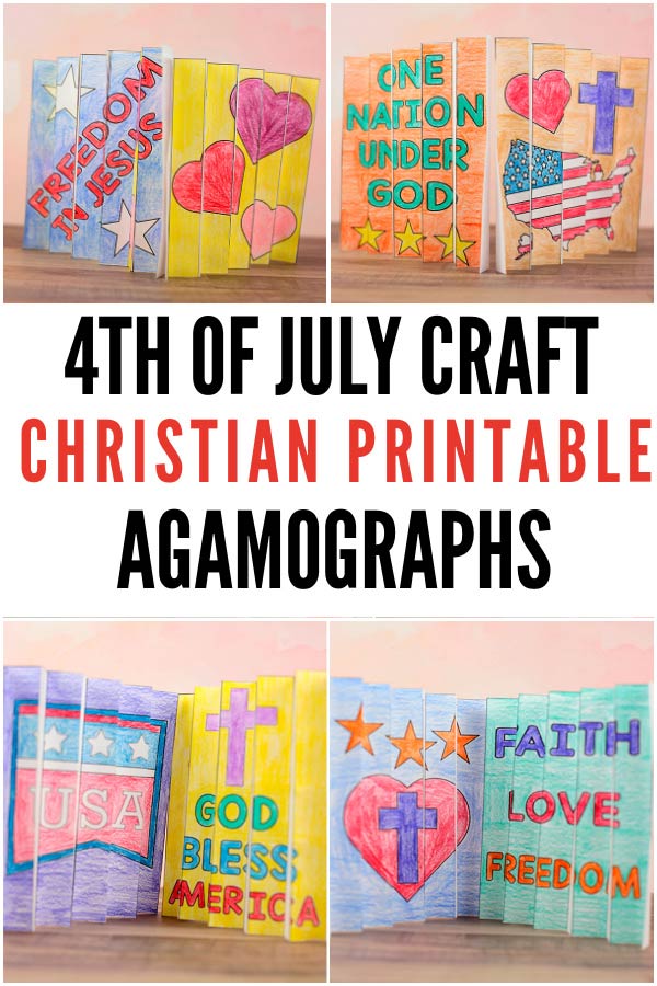 4th of July Christian agamograph craft printable for kids featuring patriotic Bible messages and interactive folding coloring activities for Sunday School and homeschool.